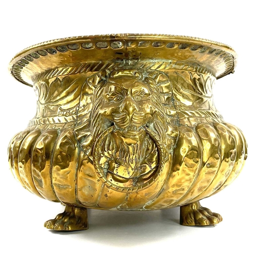 13 - A Dutch brass oval Jardiniere, 18th Century. With gadrooned and foliate embossed decoration, lion's ... 