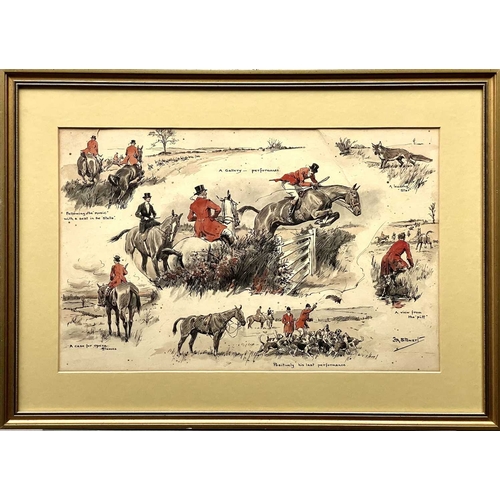 23 - Frank Algernon STEWART. Hunting scenes, three pen, ink and coloured wash drawings, signed and titled... 