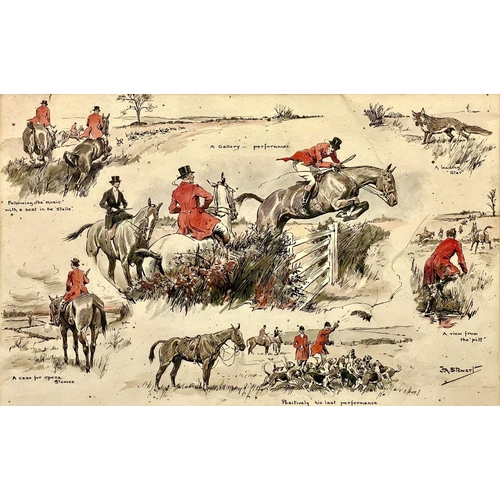 23 - Frank Algernon STEWART. Hunting scenes, three pen, ink and coloured wash drawings, signed and titled... 