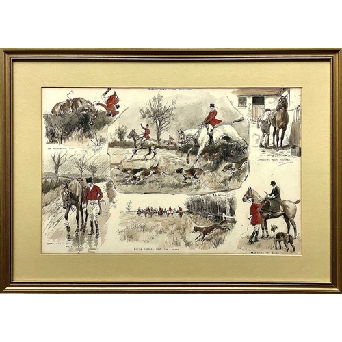 23 - Frank Algernon STEWART. Hunting scenes, three pen, ink and coloured wash drawings, signed and titled... 