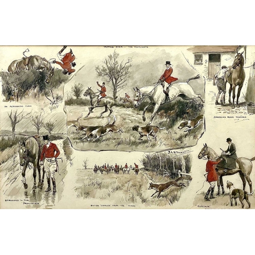 23 - Frank Algernon STEWART. Hunting scenes, three pen, ink and coloured wash drawings, signed and titled... 