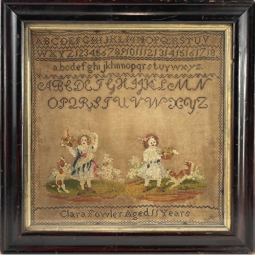 24 - A 19th century embroidered sampler by Clara Fowler aged 11. 30cm x 30.5cm.