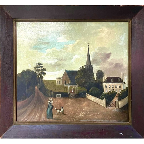 27 - Naive School, 19th century. Two figures and a dog before a church and a manor house, oil on canvas, ... 