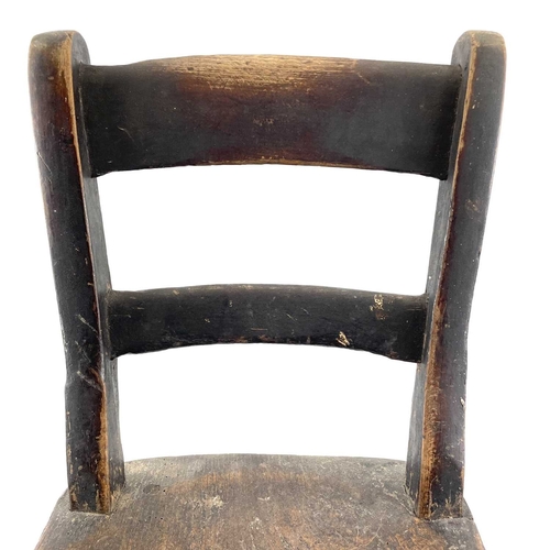 4 - An Oxford type stained ash and elm child's Windsor chair. Circa 1900, with bar back and solid seat, ... 