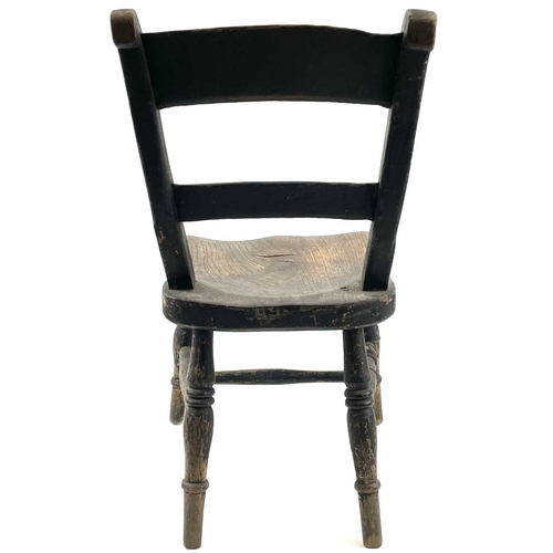 4 - An Oxford type stained ash and elm child's Windsor chair. Circa 1900, with bar back and solid seat, ... 