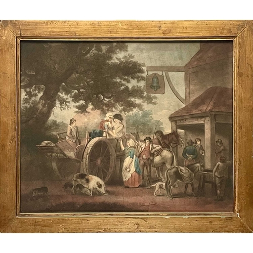 32 - After George Morland. A pair of 19th century mezzotints, figures outside The Bell inn and figures be... 