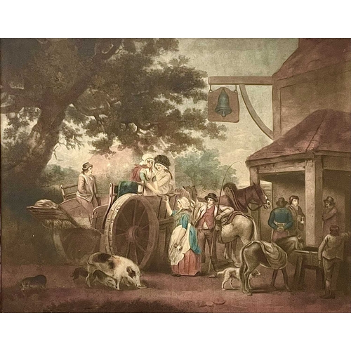 32 - After George Morland. A pair of 19th century mezzotints, figures outside The Bell inn and figures be... 