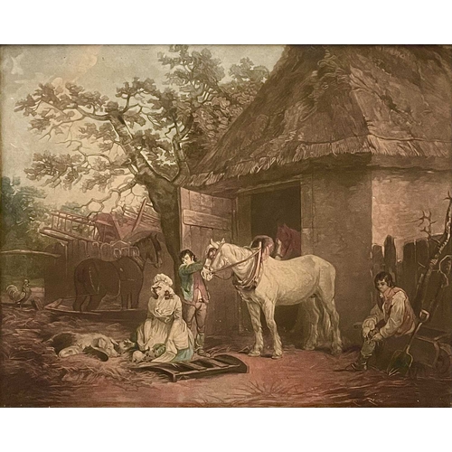 32 - After George Morland. A pair of 19th century mezzotints, figures outside The Bell inn and figures be... 