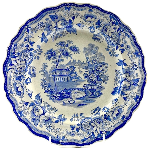 43 - Five 19th century blue and white plates. Comprising a British Scenery plate, probably Ridgeway, prin... 