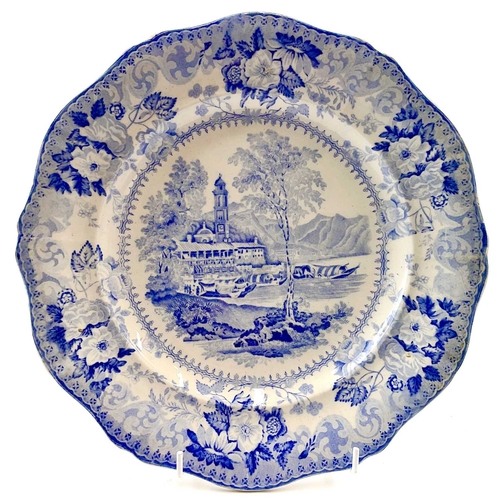 43 - Five 19th century blue and white plates. Comprising a British Scenery plate, probably Ridgeway, prin... 