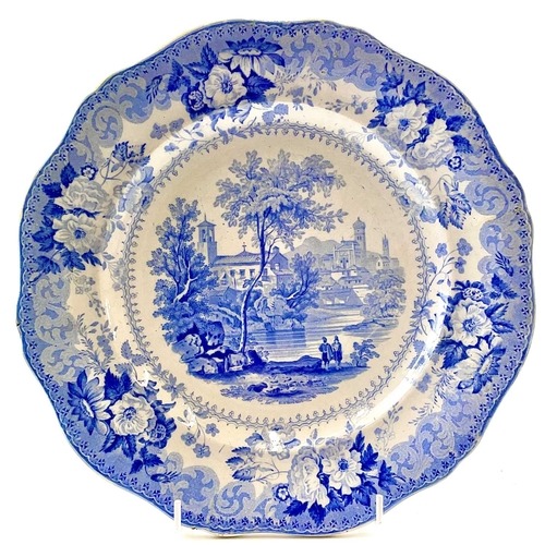 43 - Five 19th century blue and white plates. Comprising a British Scenery plate, probably Ridgeway, prin... 