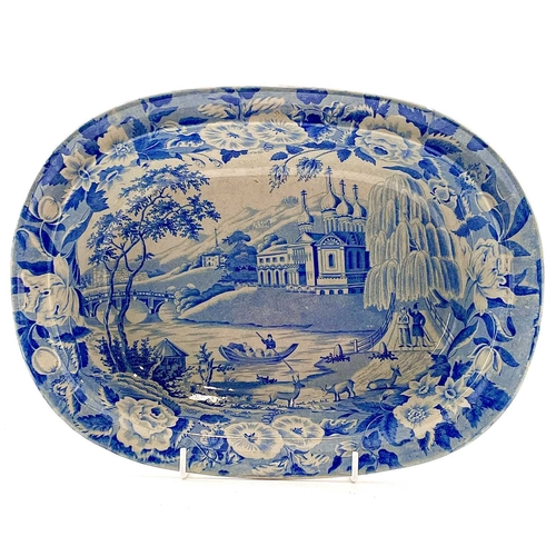 44 - A John Rogers & Son oval blue and white dish printed rabbits grazing. Circa 1830, width 25.5cm, toge... 