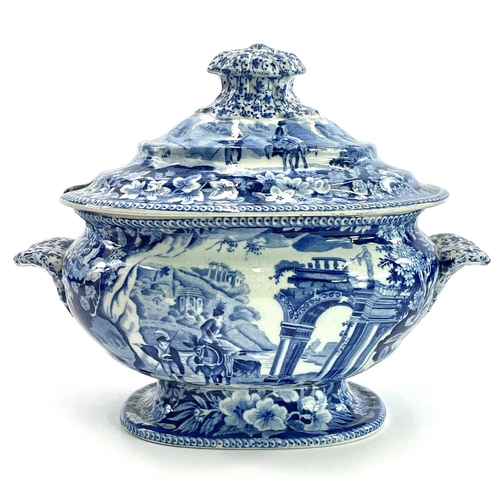 45 - A blue and white Chinoiserie printed porcellanous jug, With lion mask spout, circa 1840, height 15.5... 