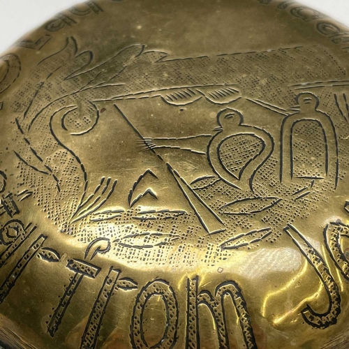 46 - An Anglo Dutch brass flask. Early 19th century, the cover inscribed 'Good Samaritin Inn', 13.5 x 11.... 