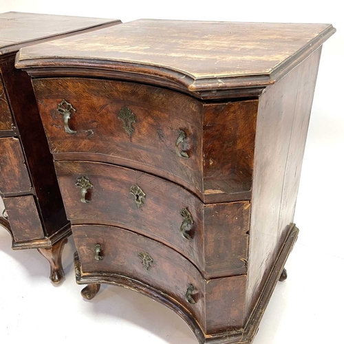 60 - A pair of continental walnut small chests. Circa 1800, each fitted three drawers with concave moulde... 