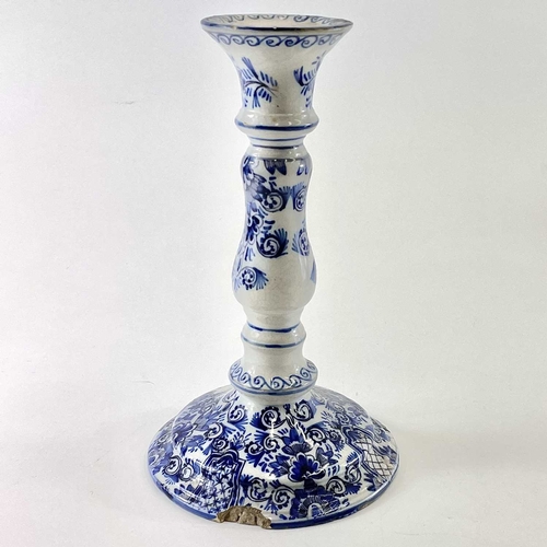 256 - A late eighteenth century delft candle holder. Height 22cm.