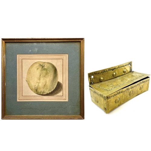 257 - A 19th century Dutch brass candle box. Together with a watercolour. (2)