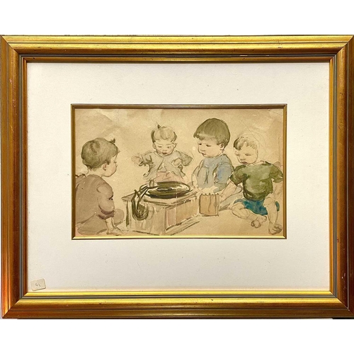 107 - Alethea GARSTIN (1894-1978) Children Admire the Gramaphone Watercolour, Molesworth Gallery, Moleswor... 