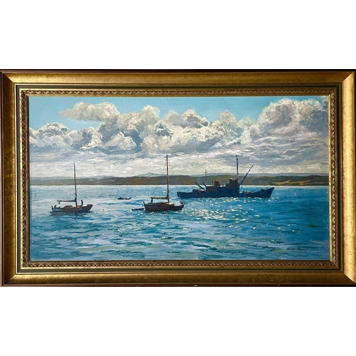 13 - Nancy BAILEY (1913-2012) Boats in the Bay, St Ives Oil on canvas, signed, inscribed to verso, 51x92c... 