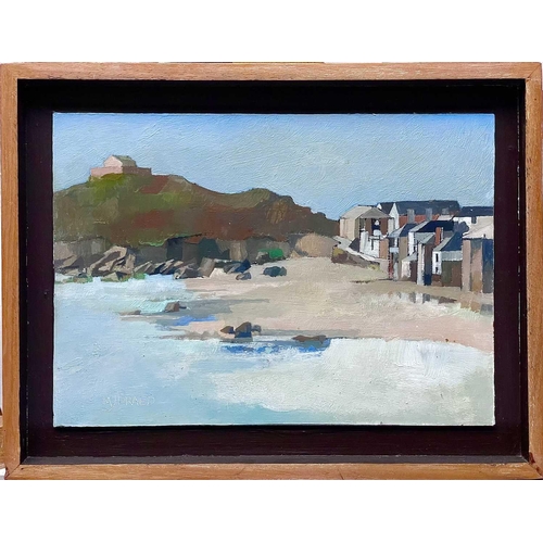 186 - Michael J. PRAED (1941) The Island Beach, St. Ives Oil on board, signed, further signed and inscribe... 