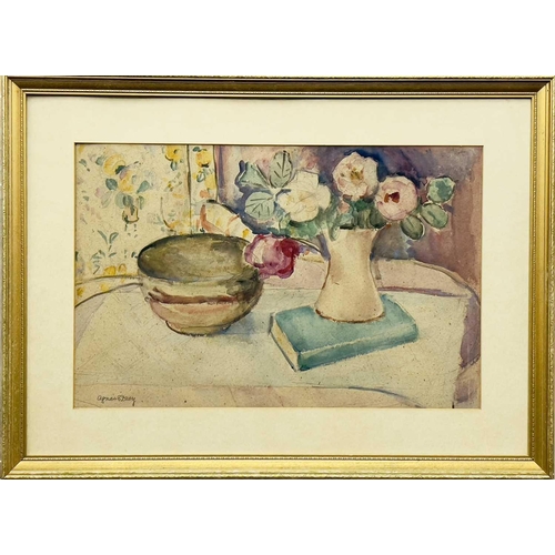 239 - Agnes E DREY (1890-1957) Still life with bowl, book and flowers Watercolour and graphite on paper, s... 