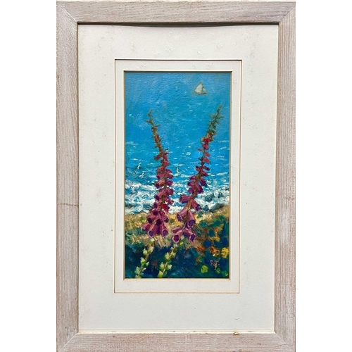 30 - Robert JONES (1943) Foxgloves II Oil on board, monogrammed, signed and inscribed to verso, 33 x 17cm... 