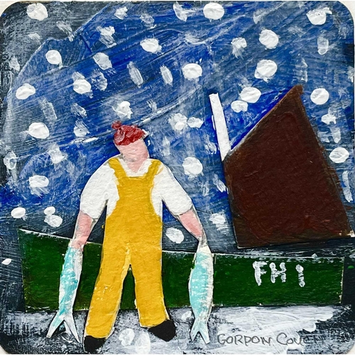 332 - Gordon COUCH Two works Fisherman with Catch, mixed media collage, signed, 8.5 x 8.5cm and Christmas ... 