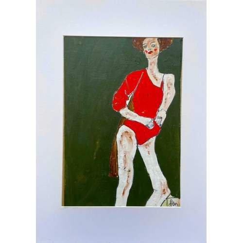 360 - Benjamin CARRIVICK (1980) Untitled (Figure in red dress) Oil on board Signed 29 x 20cm and Benjamin ... 