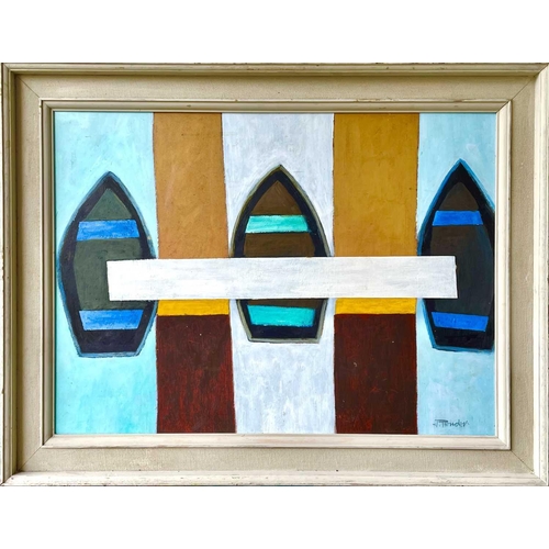 374 - Jack PENDER (1918-1998) Punts + Pontoons, 1990  Oil on board Signed Further signed and inscribed to ... 