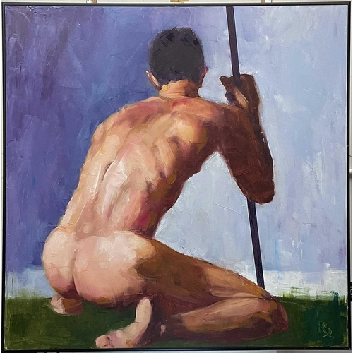 432 - Robert SAUNDERS (XX) Crouching Figure Oil on canvas, monogrammed, further signed and dated 2020 to v... 