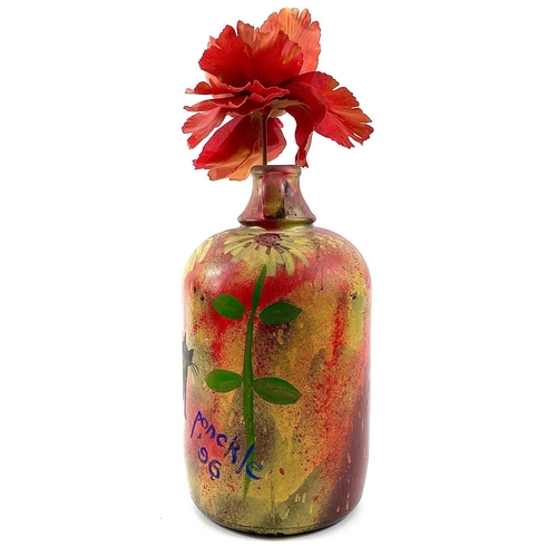 496 - PONKLE (1934-2012) Black Cat and Sunflowers Painted bottle with faux flower, signed and dated '96, h... 