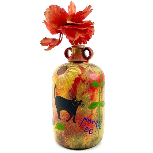 496 - PONKLE (1934-2012) Black Cat and Sunflowers Painted bottle with faux flower, signed and dated '96, h... 