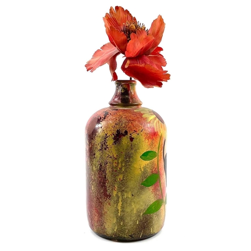 496 - PONKLE (1934-2012) Black Cat and Sunflowers Painted bottle with faux flower, signed and dated '96, h... 