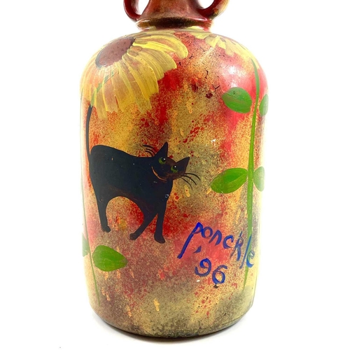 496 - PONKLE (1934-2012) Black Cat and Sunflowers Painted bottle with faux flower, signed and dated '96, h... 