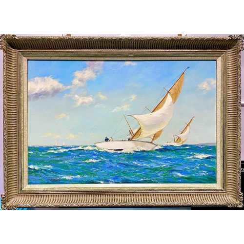 558 - Henry SCOTT (1911-2005) Wind & Sun - 6 Meters in the Solent, Isle of Wight  Oil on canvas Signed Ins... 