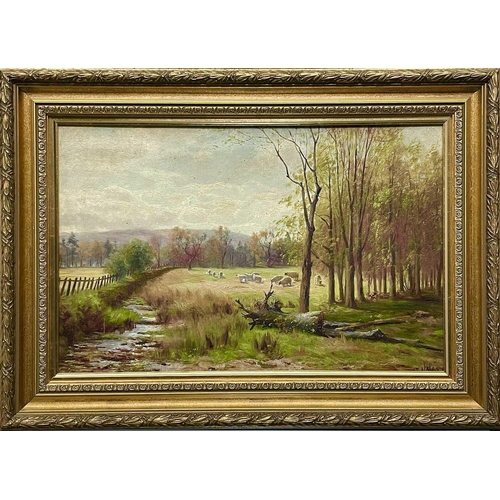 586 - Victorian School Sheep in a landscape Oil on canvas, Monogrammed HMTCM ? and dated 1881, 28x44cm