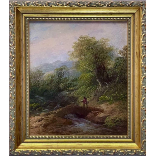 592 - A. BEATTIE (Norwich School) Fisherman Approaching a Bridge Oil on board, Inscribed to verso with the... 