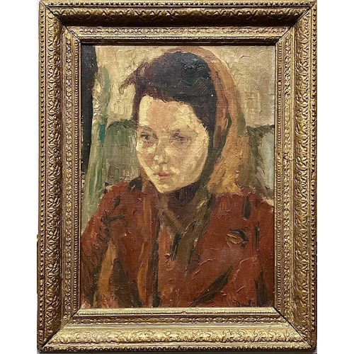 595 - Ronald Ossory DUNLOP (1894-1973) Portrait of a Lady in Red Jacket Oil on canvas, signed, 39 x 29cm.