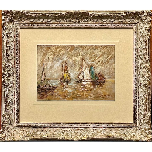 632 - Henri Alphonse BARNOIN (1882-1940) Study of Fishing Boats - Concarneau Mixed media Signed 18 x 25cm