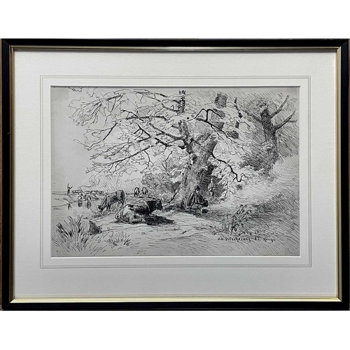 633 - Adolf Gustav DITSCHEINER (1846-1904) Pastoral Landscape Ink drawing, signed, inscribed Munchen and d... 