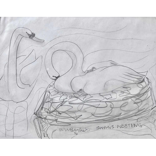 656 - Sven BERLIN (1911-1999) Two works Swans Nesting, charcoal on paper, signed and dated '94, 38 x 48cm ... 