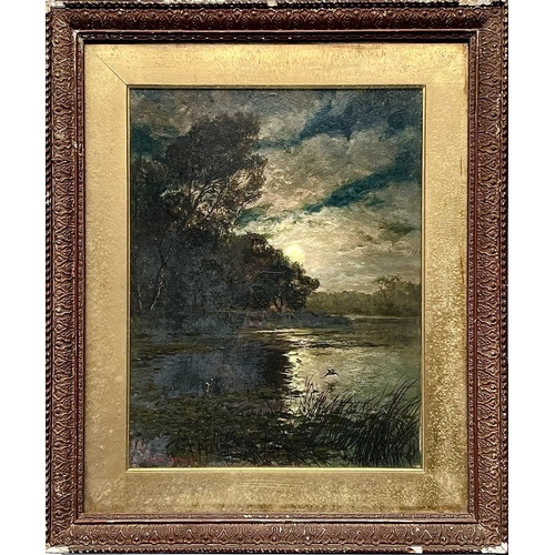 677 - H. E. JONES Moonlit Lake Oil on canvas, signed, 45x34cm