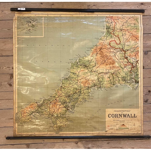 530 - 'Philips New Map of Cornwall' Large roll down ex school display, some sun bleaching, detaching from ... 