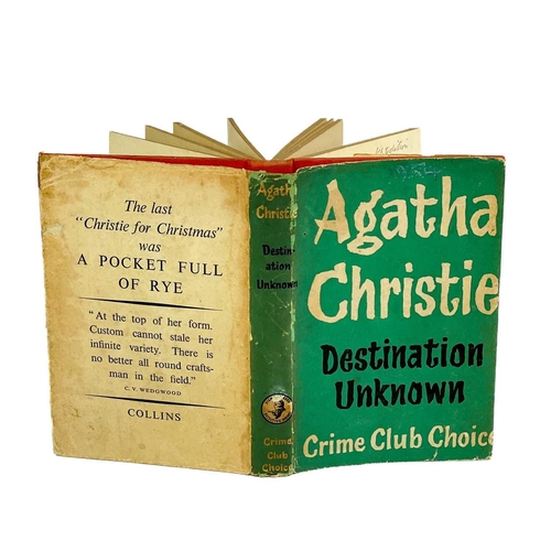 62 - Agatha Christie. 'Destination Unknown'. First edition, original cloth, repairs to unclipped dj, toni... 