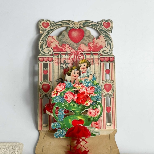 233 - Victorian Valentines Day cards. Five cards made of paper lace with applied coloured flowers, two wit... 