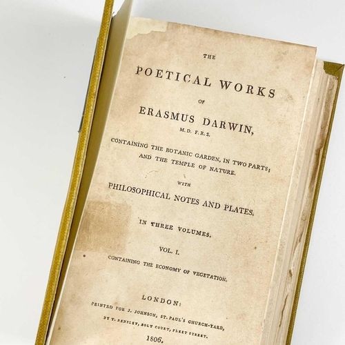 292 - ERASMUS DARWIN. 'The Poetical Works of ....' Three vols, rebound in mustard buckram, worm hole damag... 