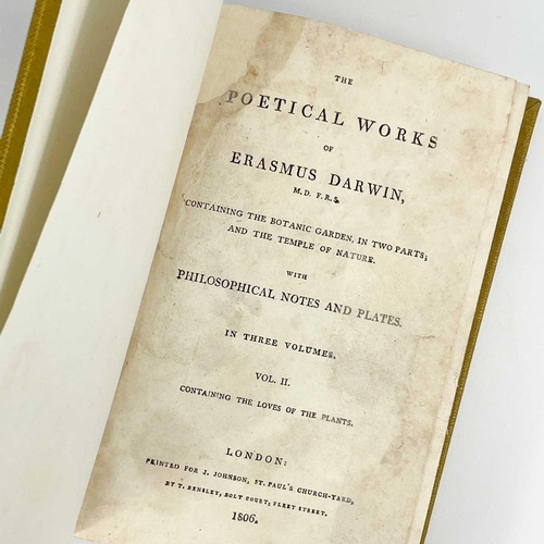 292 - ERASMUS DARWIN. 'The Poetical Works of ....' Three vols, rebound in mustard buckram, worm hole damag... 