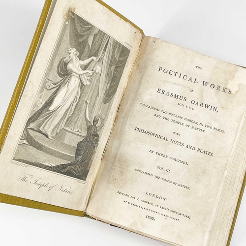 292 - ERASMUS DARWIN. 'The Poetical Works of ....' Three vols, rebound in mustard buckram, worm hole damag... 