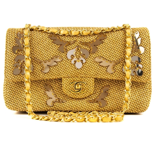 327 - A Chanel gold woven raffia 'Cruise Collection' medium classic double flap bag. Circa 2012-13, with g... 
