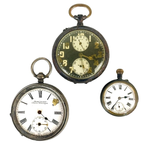 8 - Four pocket watches. Three in need of repair, one in gun metal case with luminous Arabic numerals, a... 